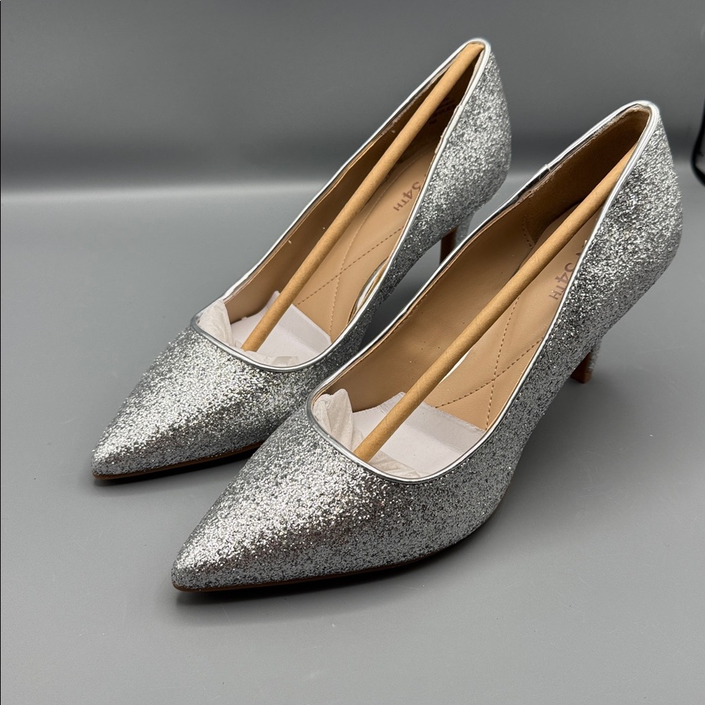 Silver Glitter Pointed-Toe Pumps - Women